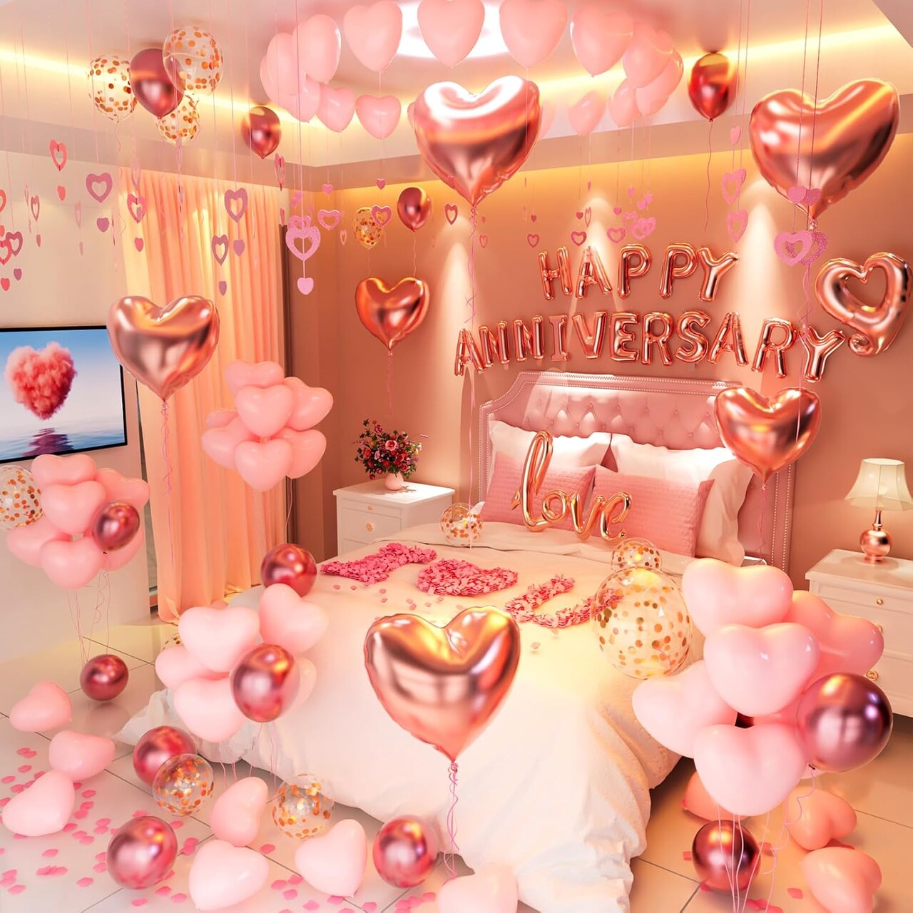 Anniversary Decorations – Pink Banner, Heart Balloons, Hanging Hearts & Rose Petals (Pink-2)